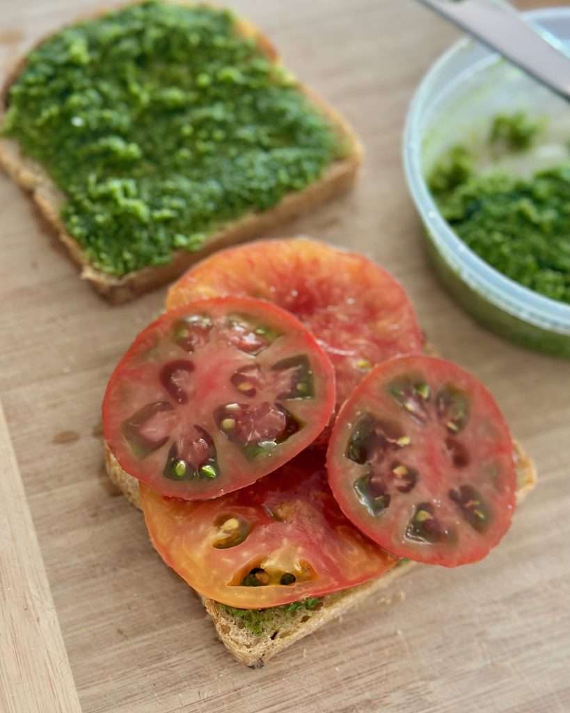 Green chutney sandwich with chocolate (dark green) and yellow heirloom tomatoes