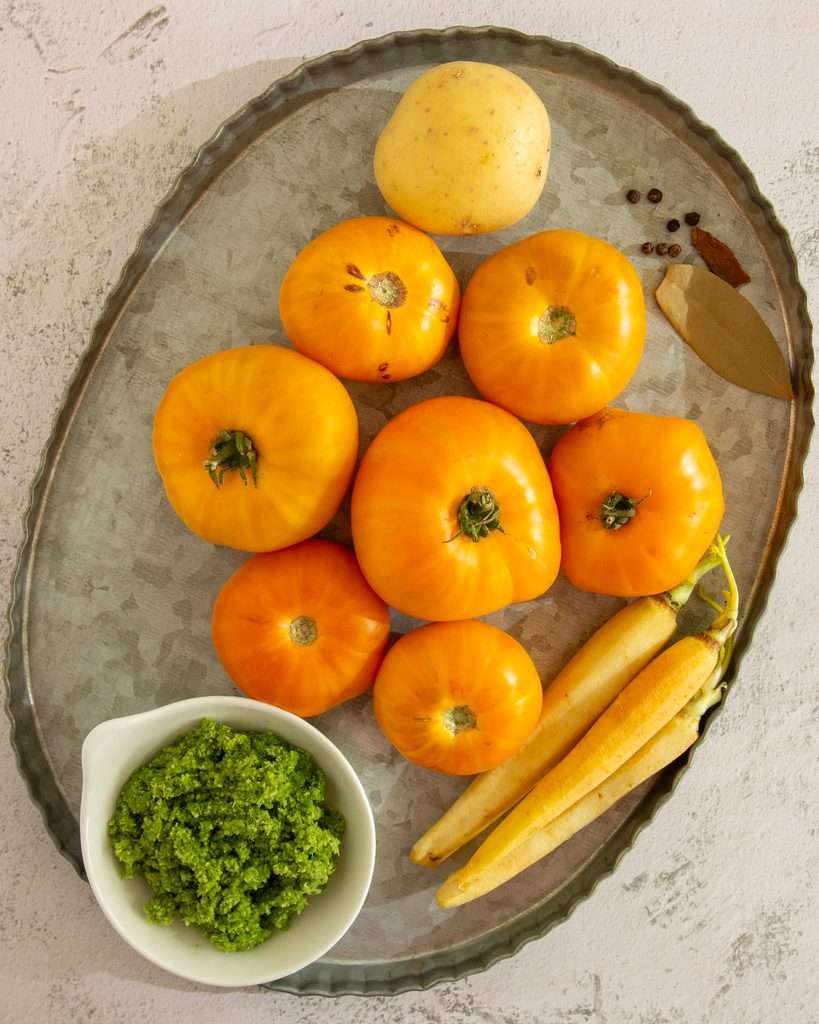 Key ingredients for yellow tomato saar